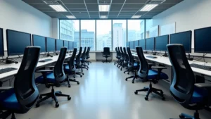 Modern computer laboratory with rows of professional dual-monitor workstations, ergonomic chairs, and advanced networking equipment in a brightly lit educational facility