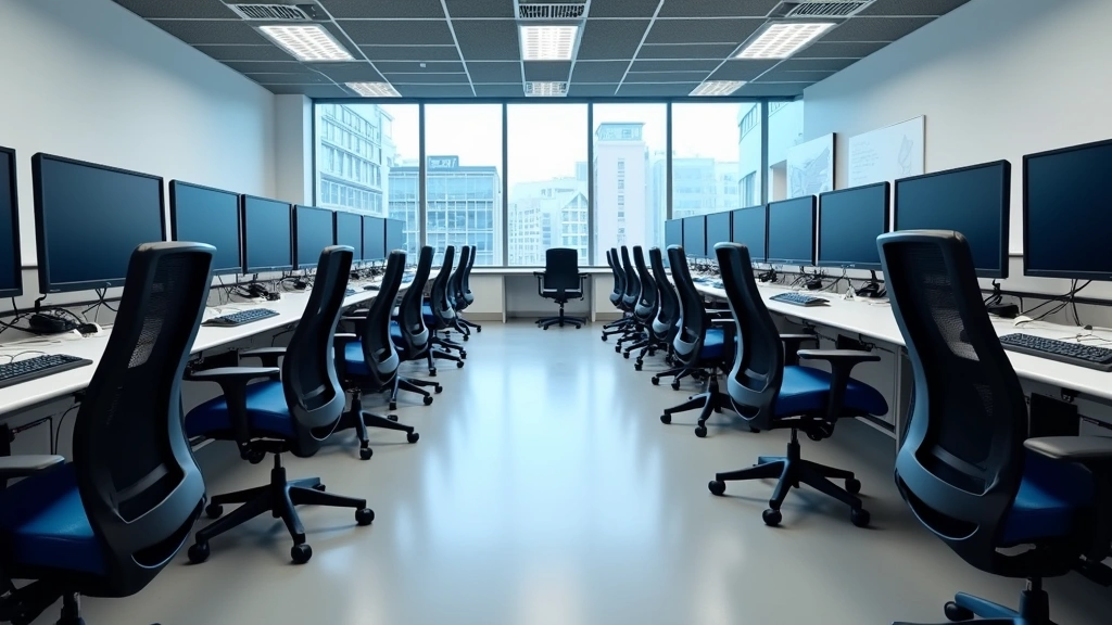 Modern computer laboratory with rows of professional dual-monitor workstations, ergonomic chairs, and advanced networking equipment in a brightly lit educational facility