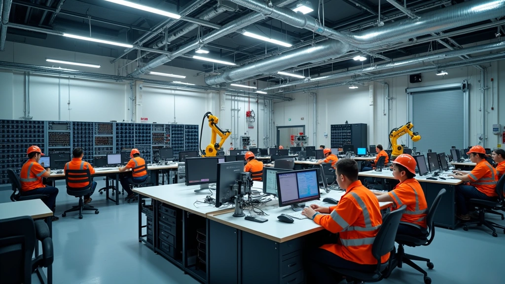 Industrial automation classroom featuring programmable logic controller panels, robotic arms, and control system equipment with students in safety gear observing demonstrations