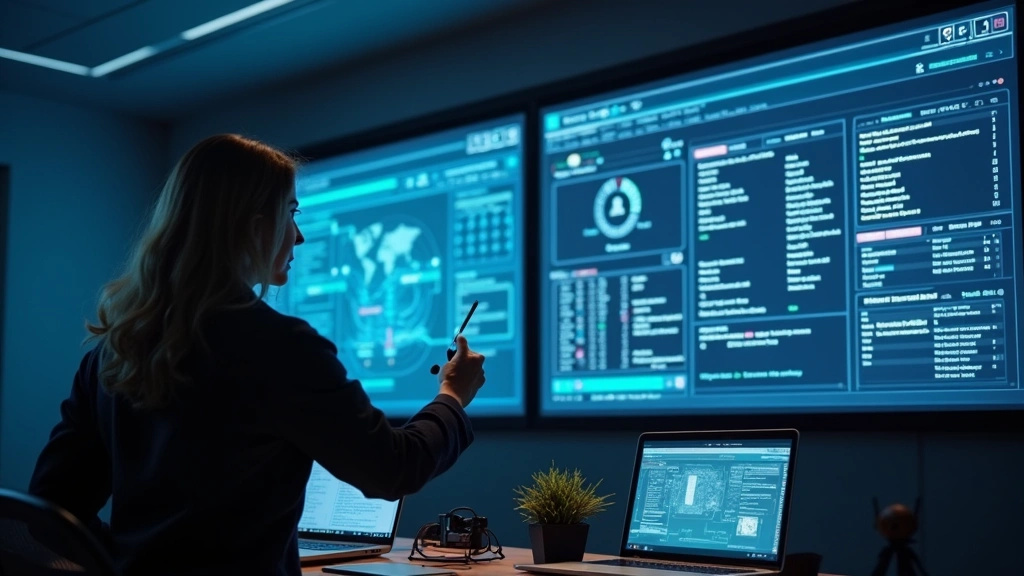 Technology instructor demonstrating cybersecurity concepts using network monitoring displays and security dashboard software on large educational projection screens