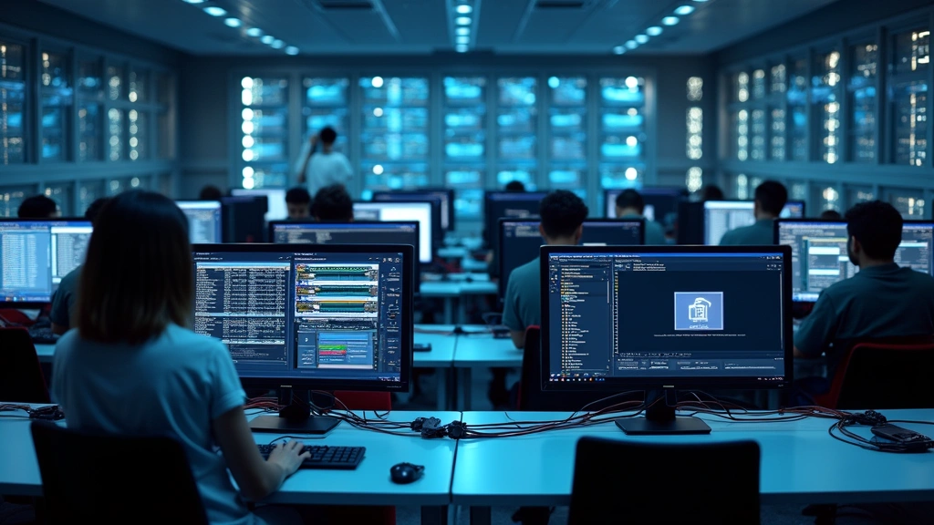 Contemporary computer networking lab featuring multiple workstations with dual monitors, networking equipment racks, Ethernet cables, professional IT infrastructure setup, students at computers