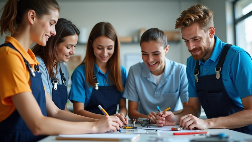 Diverse group of vocational students in different technical uniforms working on various projects simultaneously, HVAC technician with tools, healthcare student with mannequin, IT student at computer, collaborative learning environment