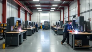 Modern vocational training lab with welding stations, CNC machines, and electrical workbenches. Bright industrial lighting, organized tool storage, professional equipment. Student workspace preparation, no people visible.