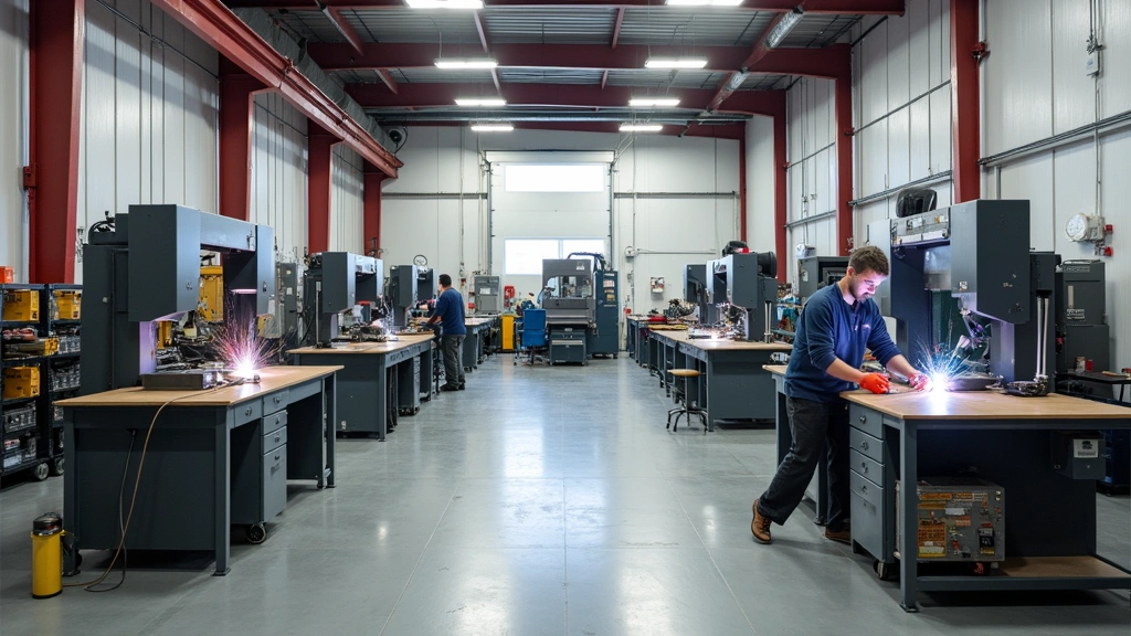 Modern vocational training lab with welding stations, CNC machines, and electrical workbenches. Bright industrial lighting, organized tool storage, professional equipment. Student workspace preparation, no people visible.