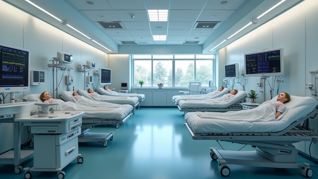 Healthcare simulation lab featuring medical training mannequins, patient beds, vital sign monitors, and clinical equipment. Hospital-grade setup, realistic clinical environment, educational materials visible, photorealistic medical technology.
