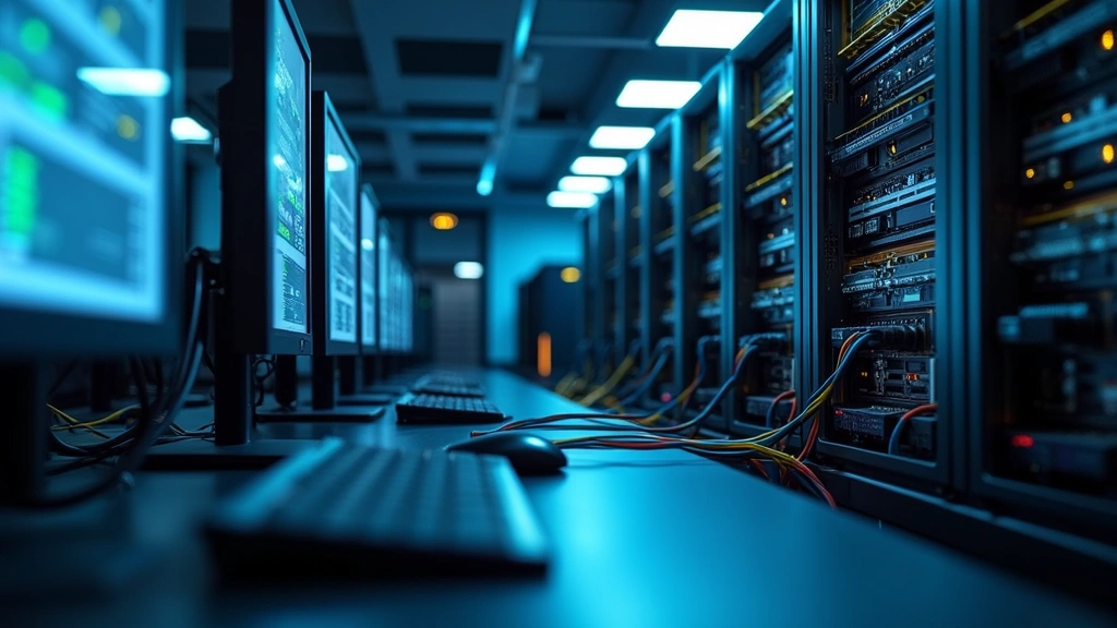 IT computer lab with multiple workstations showing networking equipment, servers, cables organized professionally. Modern computer hardware, network switches, professional tech environment, clean workspace, contemporary technology setup.