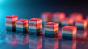 Close-up macro photography of colorful multilayer ceramic capacitors in various sizes on reflective metallic surface with dramatic lighting