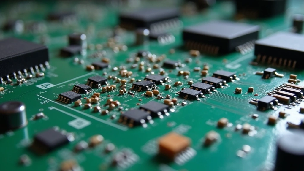 High-resolution photograph of industrial PCB assembly with hundreds of tiny surface-mount ceramic capacitors soldered to circuit board, professional manufacturing environment