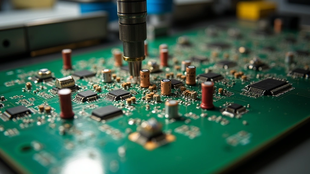 Advanced circuit board assembly with hundreds of tiny ceramic capacitors soldered onto green PCB, microscopic components, industrial manufacturing environment, warm lighting