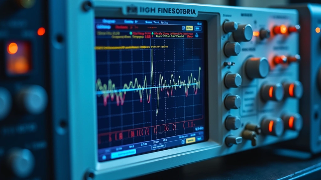 High-frequency RF testing setup with oscilloscope displaying ceramic capacitor impedance curves across gigahertz frequency range, laboratory equipment, technical precision