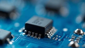 Close-up macro photograph of multilayer ceramic capacitors on a blue circuit board with visible gold contact pins and solder joints, professional electronics lab lighting