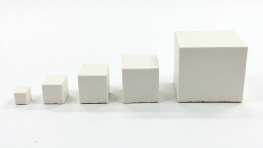 High-resolution image of ceramic capacitors of various sizes arranged on a white surface, showing scale comparison from tiny surface-mount components to larger through-hole versions