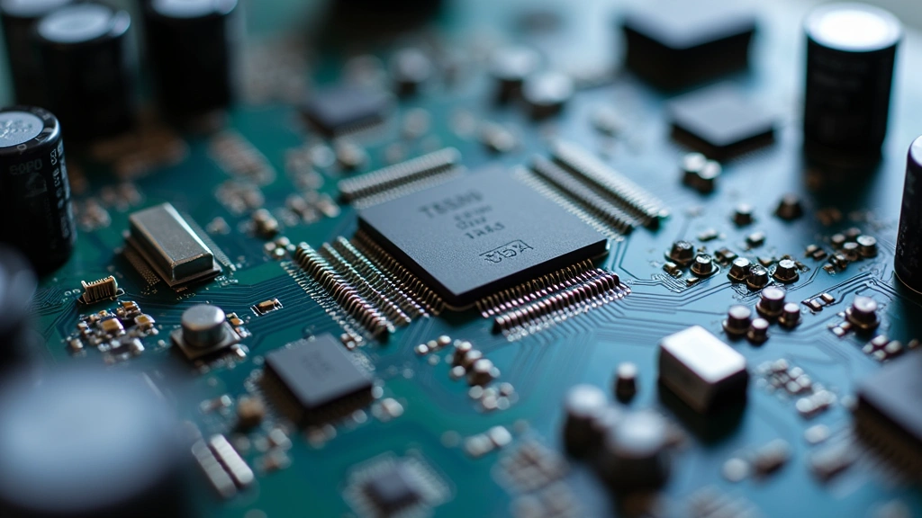 Detailed photograph of a modern smartphone circuit board with dozens of ceramic capacitors visible near processor chips and power delivery components, realistic PCB detail