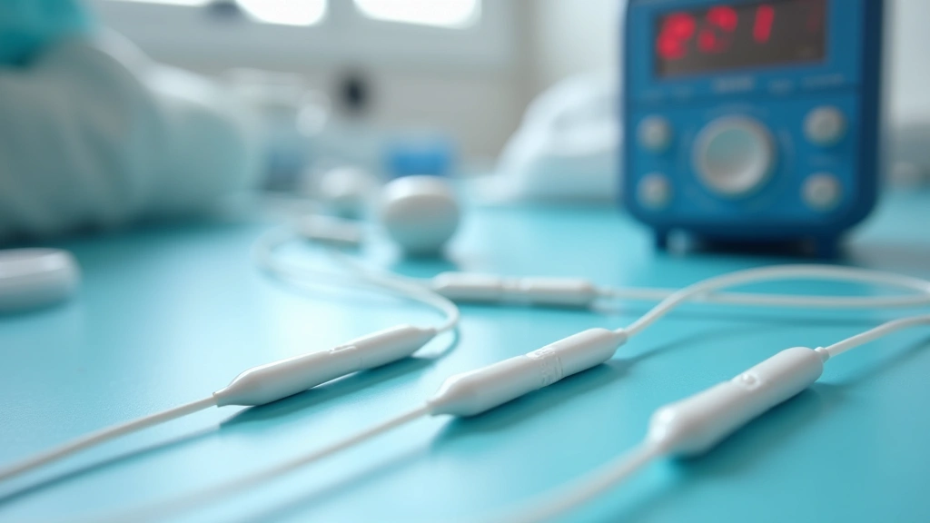 Close-up of premium quality disposable Ag/AgCl electrodes with conductive gel, electrode lead wires, and calibration test equipment arranged on clean medical workspace