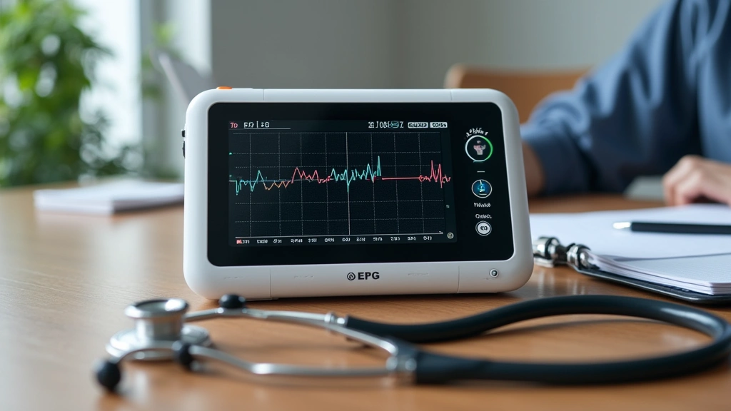 Modern portable EKG device with touchscreen display showing live cardiac rhythm data, wireless connectivity indicators, and battery status on wooden healthcare office desk with stethoscope nearby