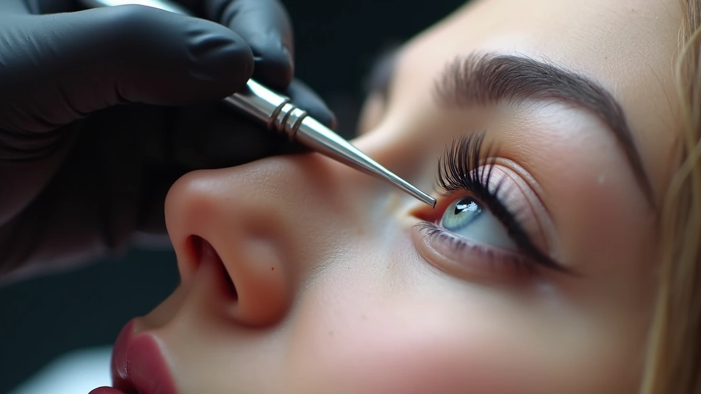 Close-up of professional lash technician using precision tweezers applying individual eyelash extensions to client's eye, LED lighting illuminating detailed work, stainless steel tools in focus, professional salon setting