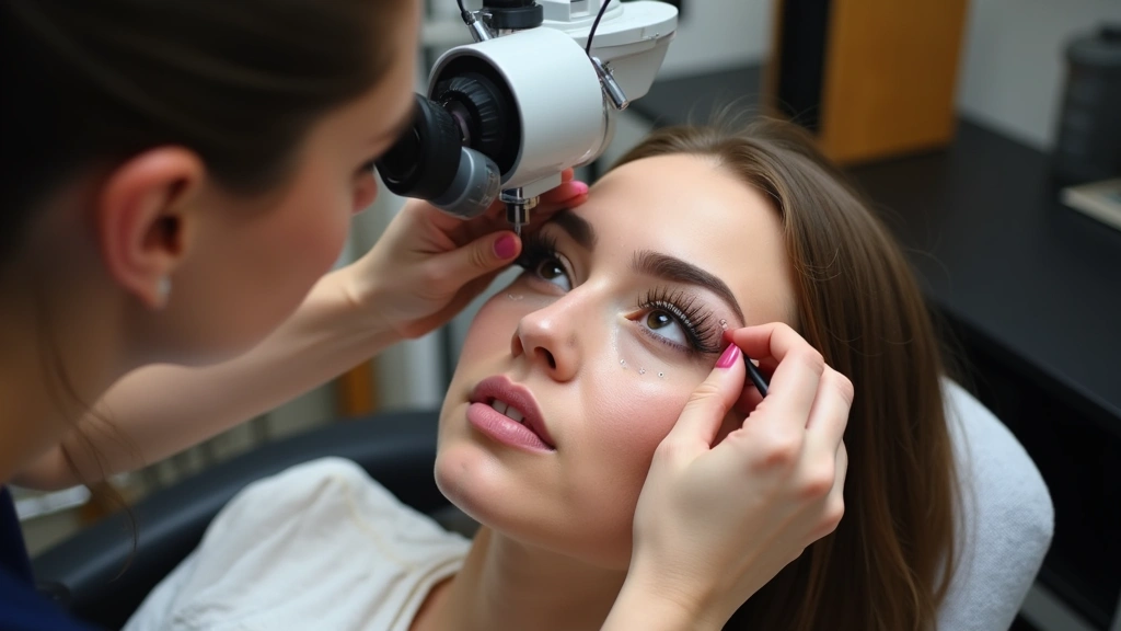 Certified lash technician performing detailed lash mapping on client's eye using magnification, measuring natural lash placement, marking density variations with professional tools, salon workstation background