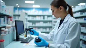 Professional pharmacist technician wearing protective gloves carefully scanning medication barcode with handheld barcode scanner device at hospital pharmacy counter, focused expression, bright clinical lighting