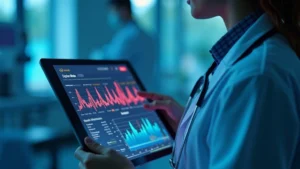 Medical professional reviewing patient data on tablet showing heart rate graph and vital signs dashboard in modern hospital setting with soft blue lighting