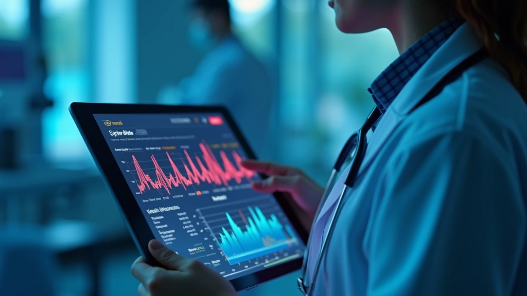 Medical professional reviewing patient data on tablet showing heart rate graph and vital signs dashboard in modern hospital setting with soft blue lighting