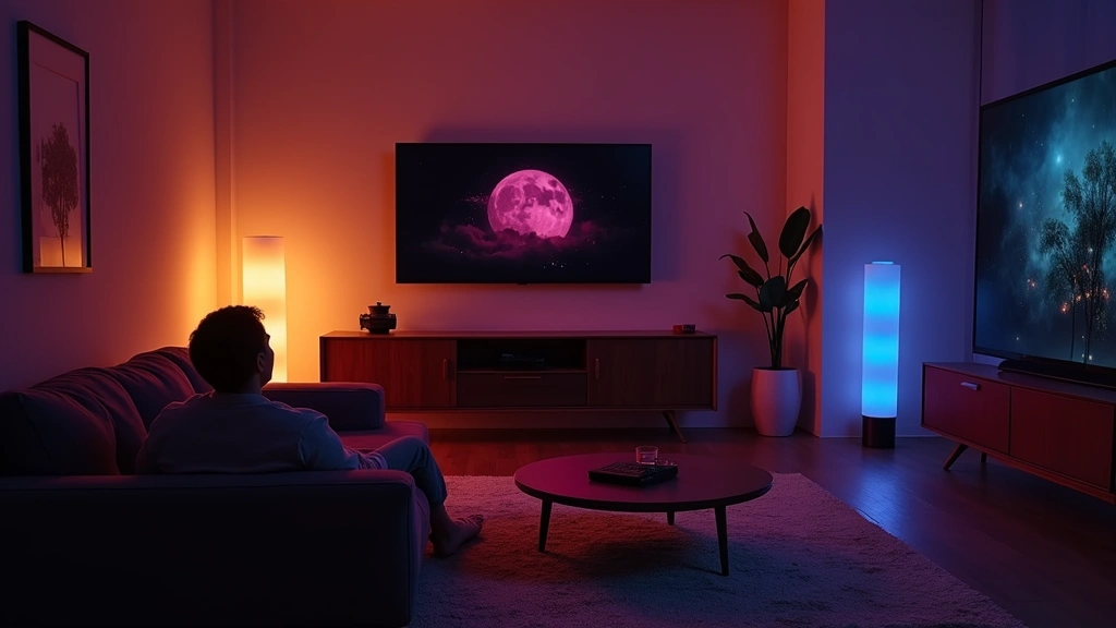 Philips Hue smart bulbs illuminating a living room in warm ambient lighting creating movie scene atmosphere, comfortable couch and entertainment setup visible, multiple color zones demonstrating lighting capabilities