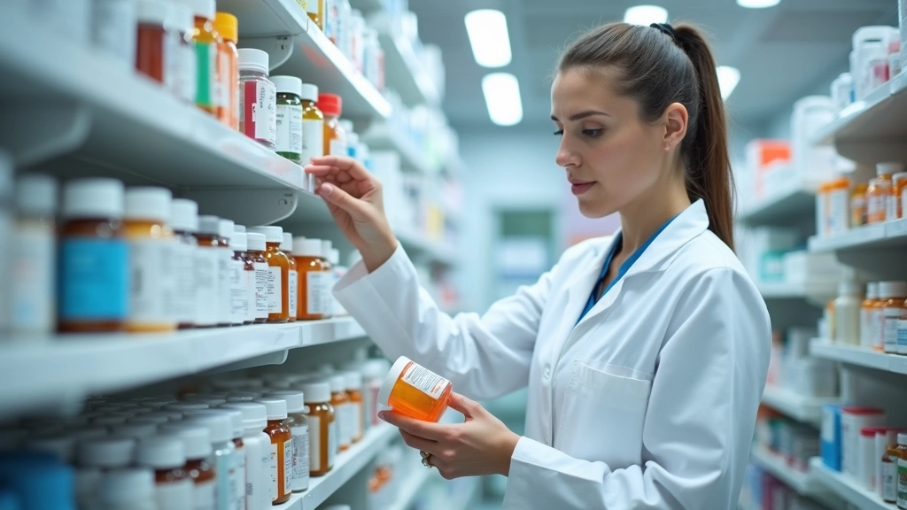 Professional pharmacy technician in white coat organizing colorful medication bottles on modern dispensary shelves with clean, clinical background