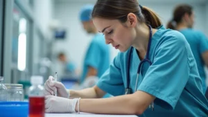 Professional phlebotomist in medical scrubs preparing blood collection equipment with sterile supplies on clinical workstation, focused expression concentrating on specimen preparation