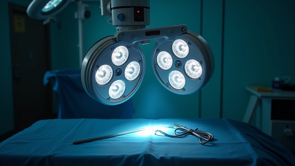 Overhead view of advanced surgical lighting system with integrated LED arrays and documentation camera mounted above operating table, casting shadow-free illumination on surgical field with precision instruments visible below