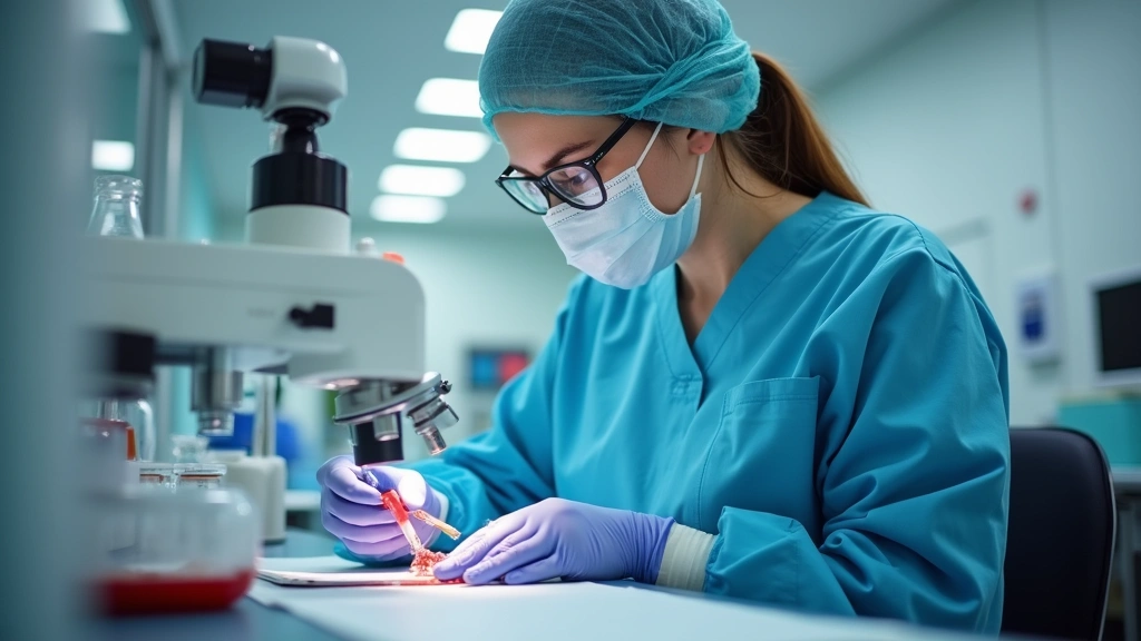 Veterinary technician in surgical scrubs performing laboratory work on blood samples in modern veterinary clinic, focused on technical procedure details
