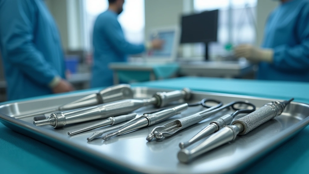 Close-up of veterinary equipment and surgical instruments arranged on stainless steel tray in professional veterinary operating room setting