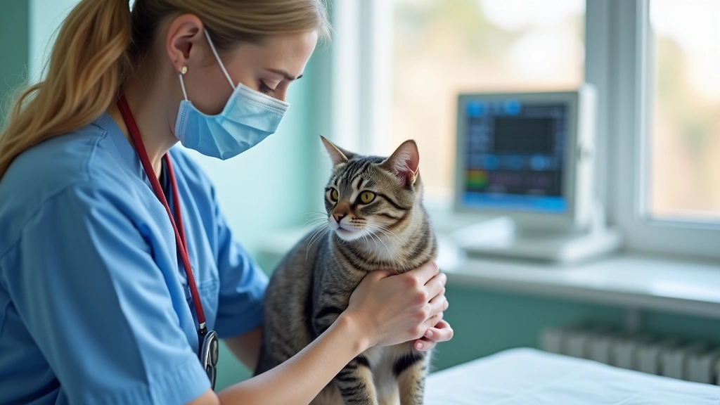 Veterinary technician consoling and examining cat patient in bright, modern clinic exam room with advanced medical monitoring equipment visible