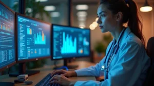 Professional healthcare worker at computer workstation wearing stethoscope, multiple monitors displaying data analytics dashboards and healthcare IT systems, modern office environment with tech setup, warm lighting showing transition from clinical to technical work