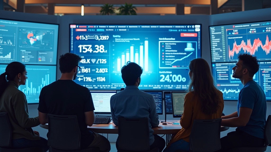 Modern Capital One office interior with diverse team of engineers and data analysts collaborating around large display screens showing financial and healthcare data visualizations, representing inclusive tech workplace culture