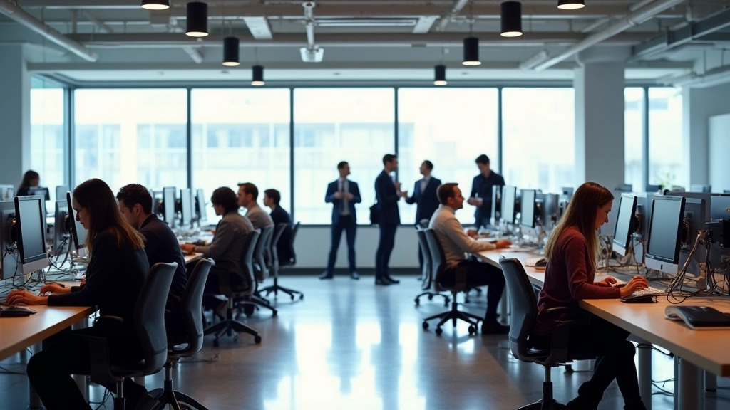 Modern collaborative tech workspace with diverse professionals working at standing desks, large windows with natural light, minimalist design, contemporary furniture, visible networking happening in background