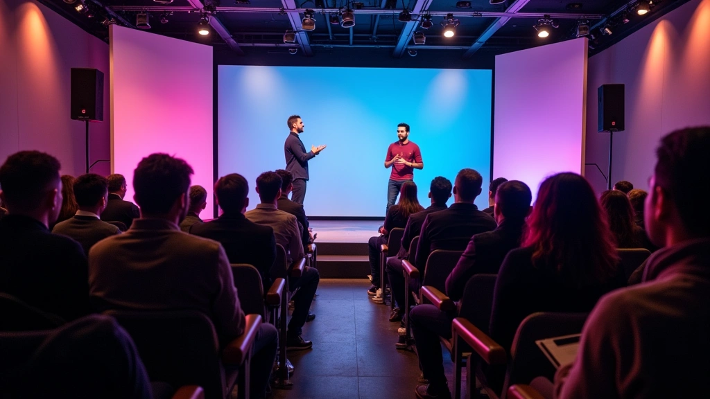 Vibrant startup pitch event at technology center with entrepreneur presenting on stage, audience seated facing presenter, professional lighting, modern auditorium setting, diverse attendees taking notes