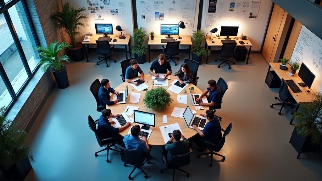 Overhead view of innovation lab workspace with multiple workstations, computer monitors, whiteboards with technical sketches, developers and engineers collaborating around central table, modern office environment