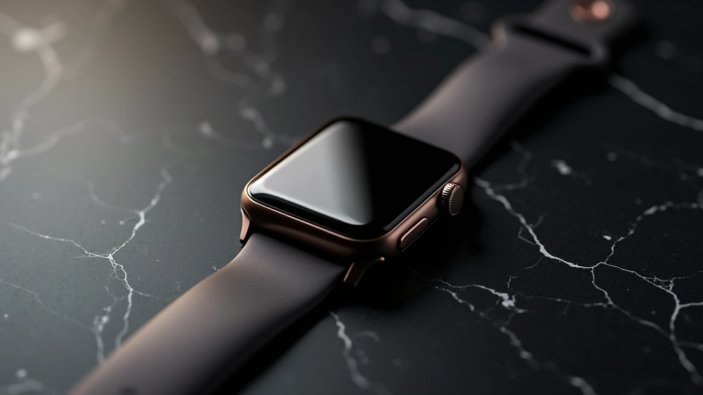 Premium smartwatch lying flat on a polished black marble surface with a soft gradient lighting setup, showing the full device face and metallic band reflecting light, photorealistic product photography style, no logos or text visible