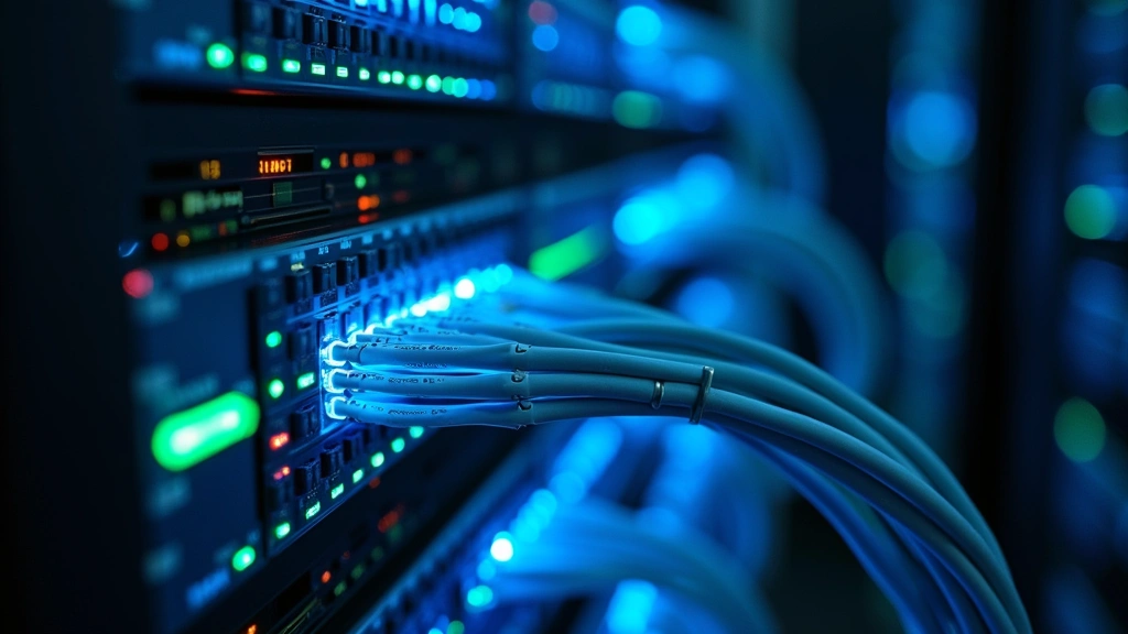 Modern fiber-optic network cables illuminated in data center with blue and green LED lights, showing complex infrastructure and connectivity nodes