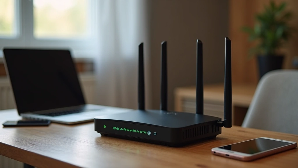 Professional gateway WiFi 6 router device on wooden desk with multiple antennas, displaying status lights, connected to laptop and smartphone nearby