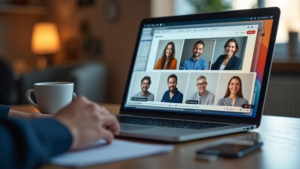 Modern laptop displaying chat application interface with multiple conversation windows open, warm lighting on desk, coffee cup visible, professional workspace setting