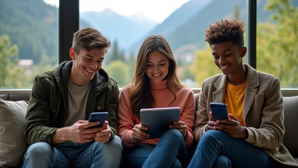 Group of diverse college students sitting together studying with smartphones and tablets showing messaging apps, natural campus setting with mountains visible through windows