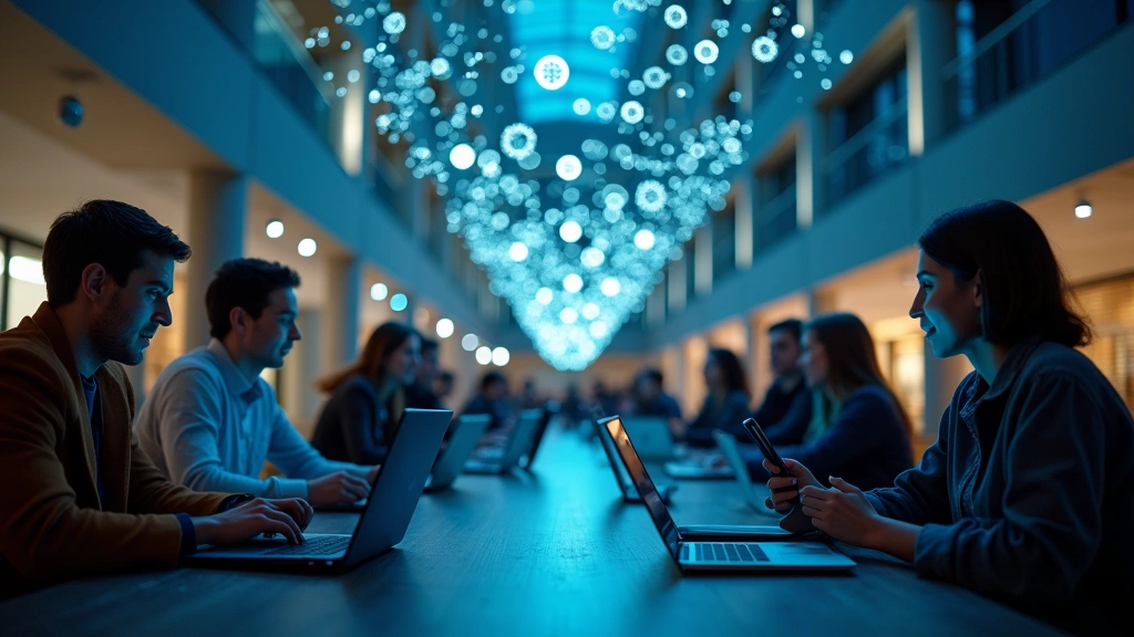University campus center with students using laptops and phones for communication, digital connectivity visualization with glowing connection lines, modern educational environment