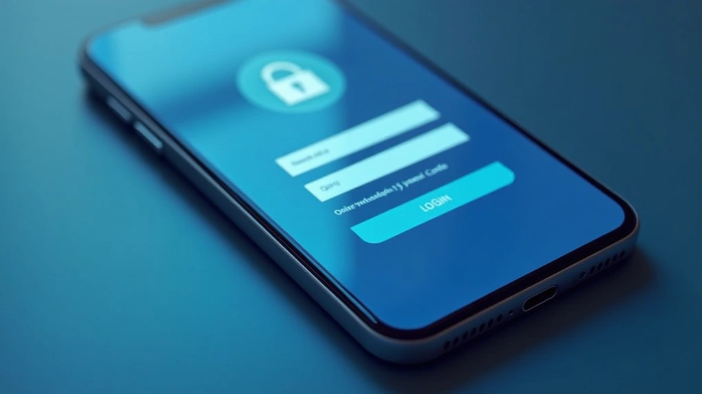 Sleek smartphone displaying secure login interface with padlock icon and authentication code entry field, modern minimalist design, blue and silver color scheme, close-up view of screen