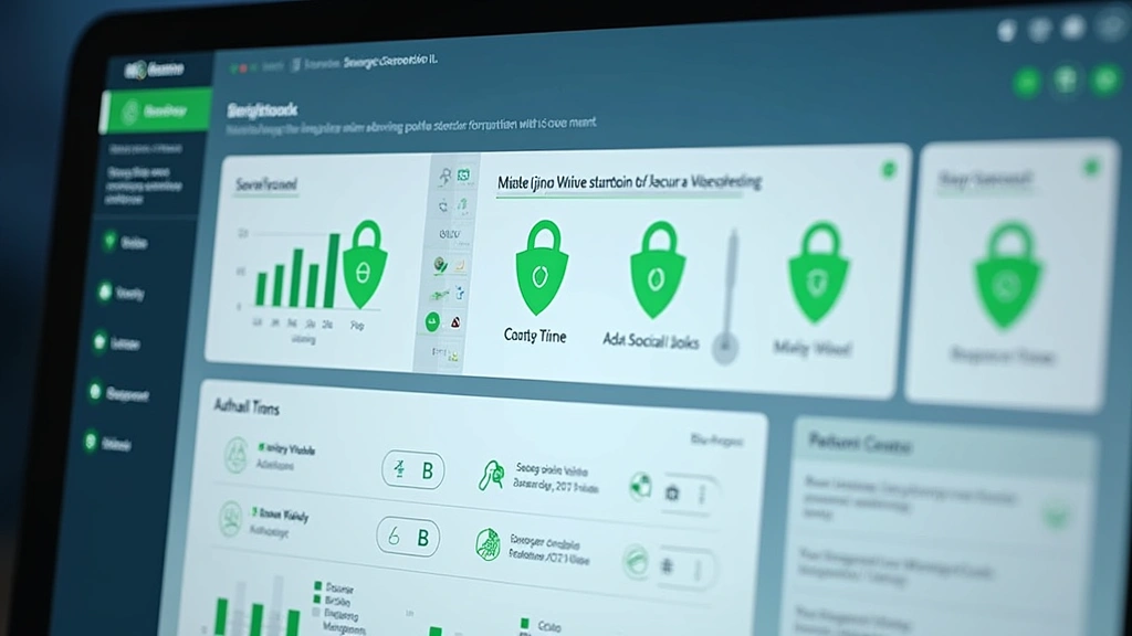 Advanced security control panel dashboard with multi-factor authentication options, biometric icons, device management interface, clean modern UI with green security checkmarks and lock symbols