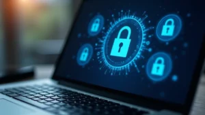 Close-up of a laptop screen displaying a login interface with padlock icon, blue digital lock symbols floating above keyboard, representing secure authentication and identity verification