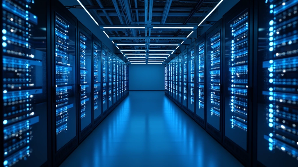 Modern data center server room with glowing blue lights and network connections, symbolizing cloud infrastructure and distributed identity management systems