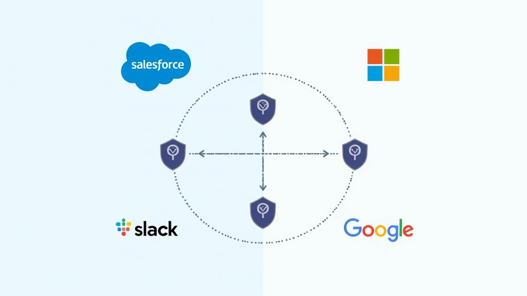 Split-screen comparison showing multiple application logos (Salesforce, Slack, Microsoft, Google) with connecting lines and shield icons, representing SSO integration and centralized access management