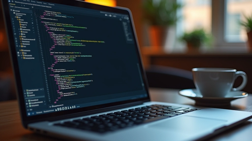 Close-up of laptop screen showing Python code for natural language processing with neural network diagrams visible, professional desk setup with coffee cup, warm lighting, shallow depth of field