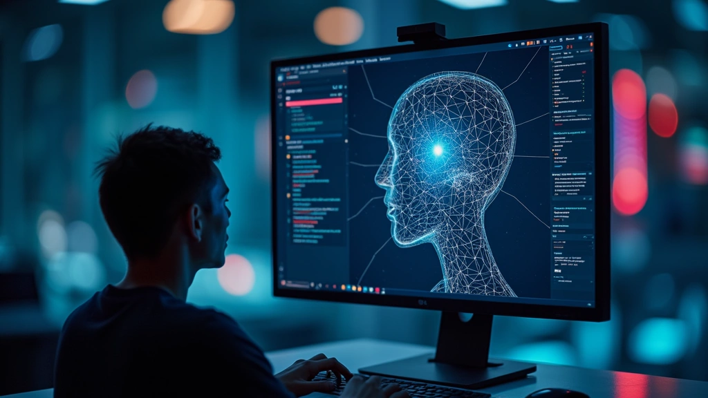 Split-screen showing chatbot interface on left side and machine learning model architecture visualization on right, modern minimalist design, glowing accent colors, professional tech environment