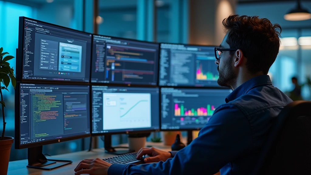 Professional developer at desk with multiple monitors displaying conversational AI training data, dialogue flow diagrams, and performance metrics dashboard, modern office setting, focused work atmosphere